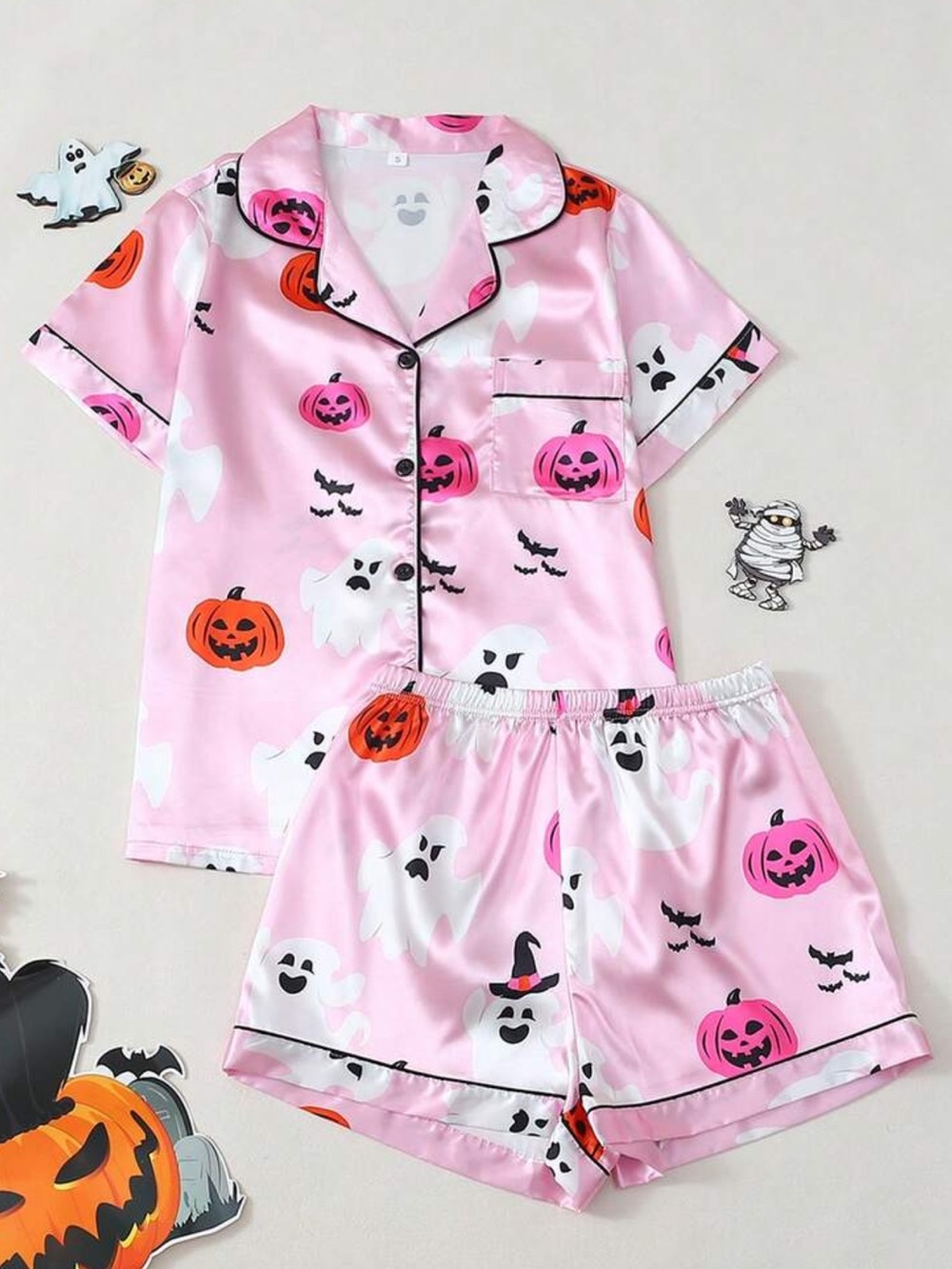 Halloween Satin Sleepwear Set For Women, 2 Sets Pumpkin & Cartoon Ghost Prints,